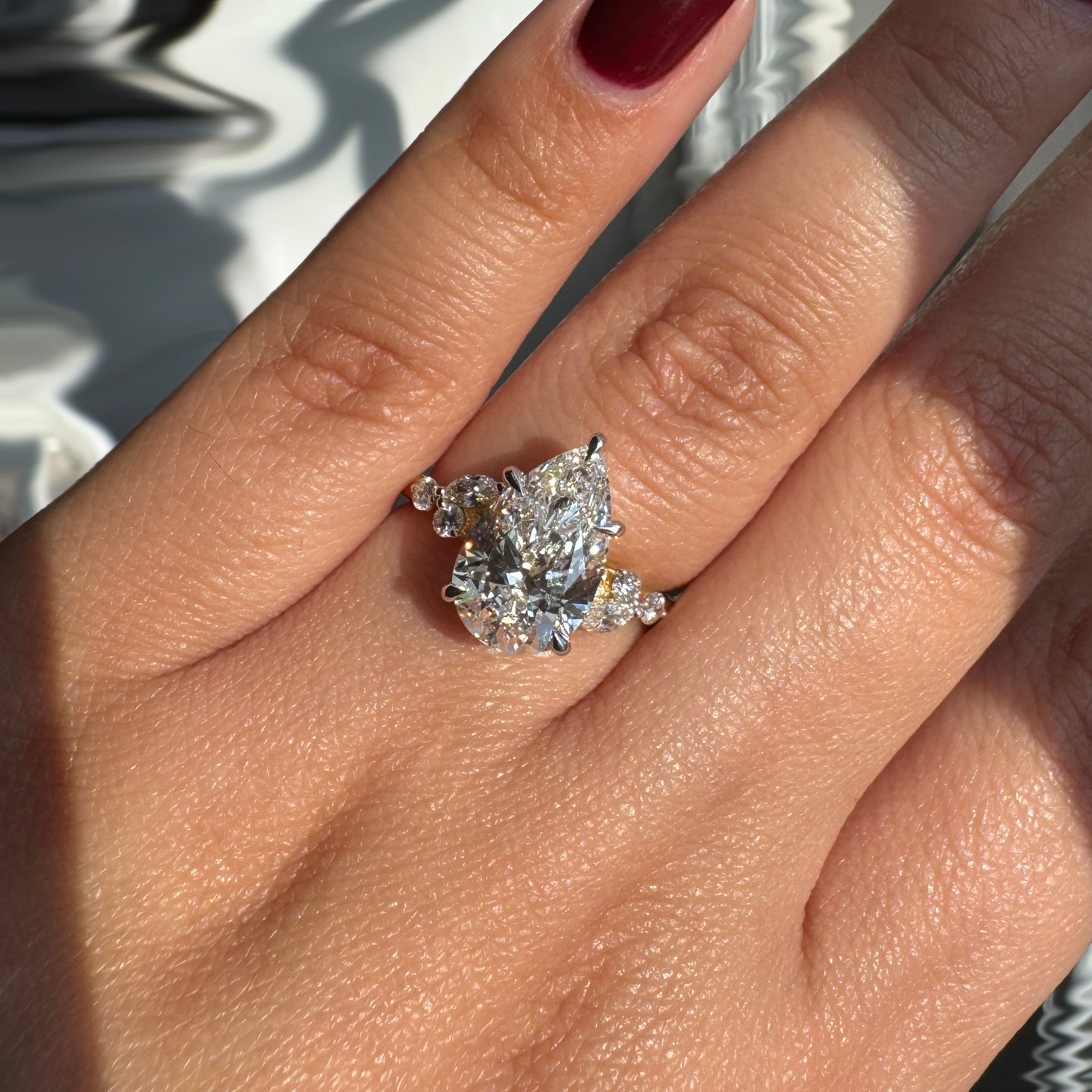 3.06ct Pear Shape Lab Diamond Engagement Ring with Side Clusters
