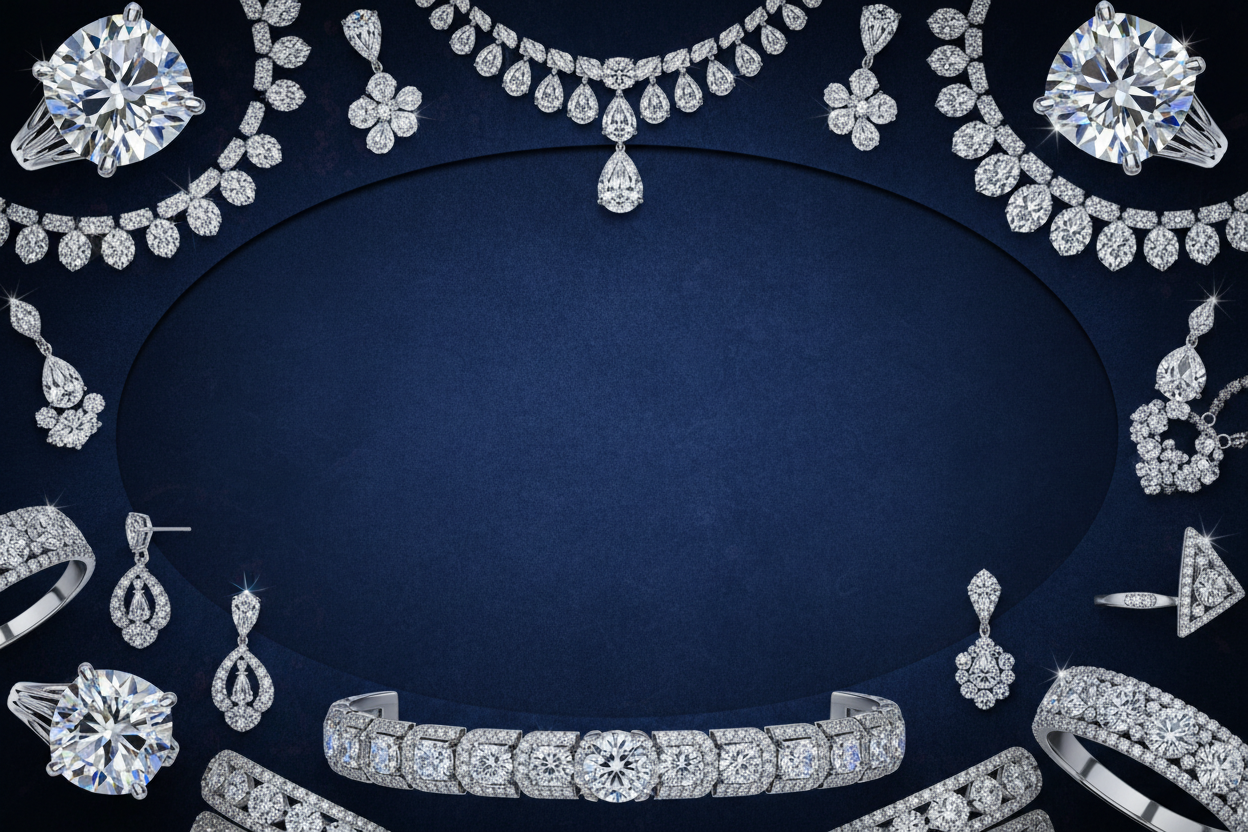 beautiful lab-grown diamond jewelry on blue background